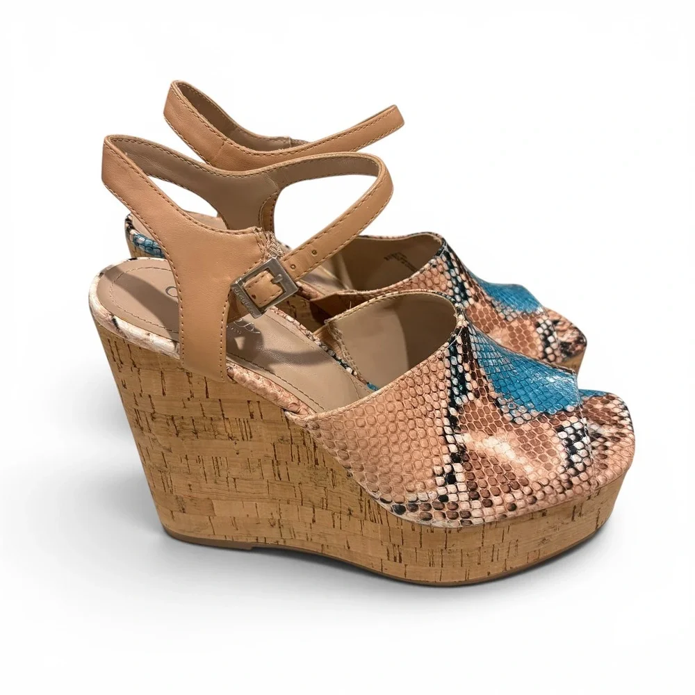 Charles by Charles David Snakeskin  Cork Wedge Sandals Turquoise/Tan Women's 8